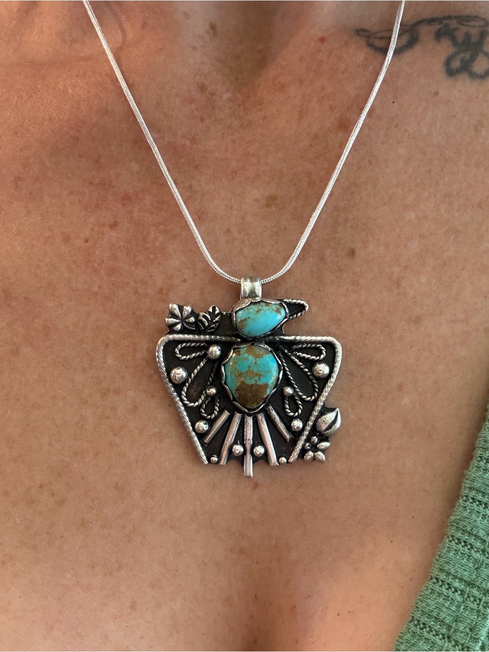 Thunderbird Sterling Silver Turquoise Pendant Necklace - Blue-Green Stone